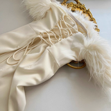 Niulatu Strapless Sleeveless Ivory Feather Dress Slit Holiday Dresses SD261