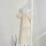 Niulatu Strapless Sleeveless Ivory Feather Dress Slit Holiday Dresses SD261