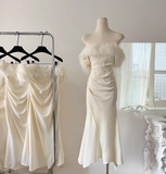 Niulatu Strapless Sleeveless Ivory Feather Dress Slit Holiday Dresses SD261