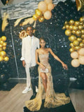 Sexy Mermaid Strapless Gold Sequin Slit Long Birthday Dress Birthday Outfits Graduation Dresses HZ1214