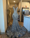 Sexy Mermaid Scoop Silver Beads Sequin Long Birthday Dress Birthday Outfits Graduation Dresses HZ1214