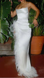Gorgeous Mermaid Halter White Satin Slit Feathers Black Girl 23rd Birthday Dress Prom Dress Birthday Outfits For Women HZ1214