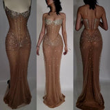 Sexy Mermaid Strapless Silver Beads Champagne Long Birthday Dress Birthday Outfits Graduation Dresses HZ1214