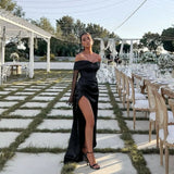 Classy Sheath Off The Shoulder Satin Slit Prom Dresses Black Summer Wedding Guest Dresses Wedding Guest Outfits HZ1214