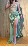 Classy Mermaid Strapless Green Satin Slit Prom Dresses Summer Wedding Guest Dresses Wedding Guest Outfits HZ1214