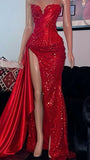 Classy Mermaid Sweetheart Red Sequin Slit Long Prom Dresses Summer Wedding Guest Dresses Wedding Guest Outfits HZ1214