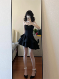 Niulatu A line Strapless Little Black Dress Hoco Dresses Short Satin Birthday Outfits SD263