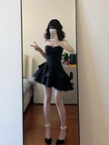 Niulatu A line Strapless Little Black Dress Hoco Dresses Short Satin Birthday Outfits SD263
