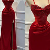 Classy Mermaid Sweetheart Red Satin Slit Long Prom Dresses Summer Wedding Guest Dresses Wedding Guest Outfits HZ1214