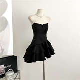 Niulatu A line Strapless Black Homecoming Dresses Short Satin Birthday Outfits SD264
