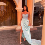 Classy Mermaid Spaghetti Straps Light Sky Blue Satin Long Prom Dresses Summer Wedding Guest Dresses Wedding Guest Outfits HZ1214