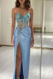Sexy Mermaid Sweetheart Blue Satin Prom Dresses Formal Summer Wedding Guest Dresses Wedding Guest Outfits HZ1214