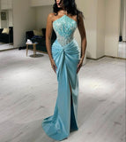 Sexy Mermaid Beads Blue Satin Prom Dresses Formal Summer Wedding Guest Dresses Wedding Guest Outfits HZ1214