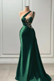 Gorgeous Mermaid One Shoulder Satin Dark Green Prom Dresses Formal Summer Wedding Guest Dresses Wedding Guest Outfits HZ1214