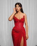 Sexy Mermaid Red Beads Sequin Prom Dresses Formal Summer Wedding Guest Dresses Wedding Guest Outfits HZ1214