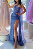 Gorgeous Mermaid One Shoulder Sequin Blue Prom Dresses Formal Summer Wedding Guest Dresses Wedding Guest Outfits HZ1214