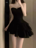 Niulatu A line Strapless Black Homecoming Dresses Short Satin Birthday Outfit SD265