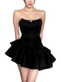 Niulatu A line Strapless Black Homecoming Dresses Short Satin Birthday Outfit SD265