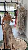 Sexy Mermaid Strapless Champagne Satin Prom Dress Long 30th Birthday Dress Birthday Outfits Graduation Dresses HZ1214
