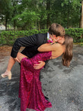 Sexy Sheath Spaghetti Straps Hot Pink High Slit Long 18th Birthday Dress Birthday Outfits Graduation Dresses HZ1214