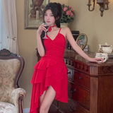Niulatu A line Irregular Hem Spaghetti Straps Red Dinner Dress Short Birthday Outfit SD268