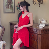 Niulatu A line Irregular Hem Spaghetti Straps Red Dinner Dress Short Birthday Outfit SD268