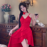 Niulatu A line Irregular Hem Spaghetti Straps Red Dinner Dress Short Birthday Outfit SD268