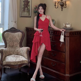 Niulatu A line Irregular Hem Spaghetti Straps Red Dinner Dress Short Birthday Outfit SD268