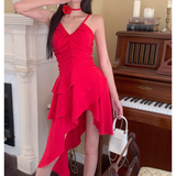 Niulatu A line Irregular Hem Spaghetti Straps Red Dinner Dress Short Birthday Outfit SD268