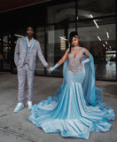 Pretty Mermaid V Neck Blue Silver Beads 18th Birthday Dress Prom Dress Birthday Outfits For Women HZ1214