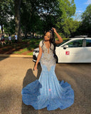 Pretty Mermaid Blue Silver Beads Sequin 18th Birthday Dress Prom Dress Birthday Outfits For Women HZ1214