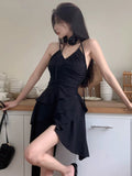 Niulatu A line Irregular Hem Spaghetti Straps Little Black Dresses Short Satin Birthday Outfit SD269