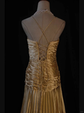 Niulatu A Line Halter Gold Satin Beads Long Evening Dress Prom Dresses SD2701