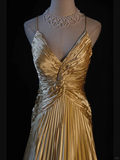 Niulatu A Line Halter Gold Satin Beads Long Evening Dress Prom Dresses SD2701