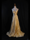Niulatu A Line Halter Gold Satin Beads Long Evening Dress Prom Dresses SD2701