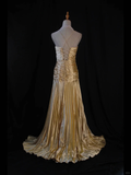 Niulatu A Line Halter Gold Satin Beads Long Evening Dress Prom Dresses SD2701