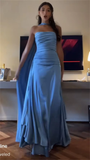 Niulatu Sheath Strapless With Ribbon Blue Ruffles Long Prom Dress SD2702