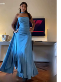 Niulatu Sheath Strapless With Ribbon Blue Ruffles Long Prom Dress SD2702
