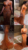 Niulatu Mermaid Sweetheart Orange Tulle Sequin Evening Gowns Long Prom Dress S2702