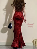 Niulatu Mermaid Spaghetti Straps Burgundy Ruffles Long Prom Dress SD2703