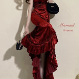 Niulatu Mermaid Spaghetti Straps Burgundy Ruffles Long Prom Dress SD2703