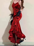 Niulatu Mermaid Spaghetti Straps Burgundy Ruffles Long Prom Dress SD2703