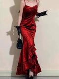 Niulatu Mermaid Spaghetti Straps Burgundy Ruffles Long Prom Dress SD2703
