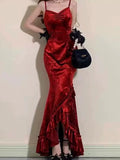 Niulatu Mermaid Spaghetti Straps Burgundy Ruffles Long Prom Dress SD2703