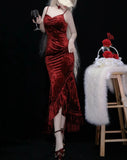 Niulatu Mermaid Spaghetti Straps Burgundy Ruffles Long Prom Dress SD2703