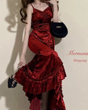 Niulatu Mermaid Spaghetti Straps Burgundy Ruffles Long Prom Dress SD2703