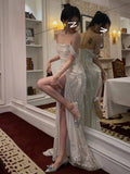 Niulatu Mermaid Off The Shoulder Sequin Slit Long Prom Dress SD2704