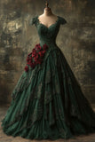 Niulatu Ball Gown Short Sleeves Dark Green Lace Long Party Dress Satin Prom Dresses SD2704