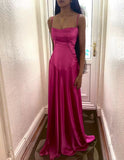 Niulatu A line Spaghetti Straps Pink Satin Long Party Dresses Prom Dresses SD2705