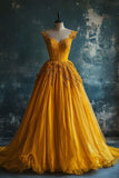 Niulatu Ball Gown Short Sleeves Yellow Lace Long Party Dress Satin Prom Dresses SD2705
